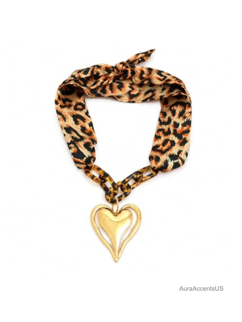 Gold Plated Chunky Heart Pendant Necklace Leopard Scarf Choker Statement